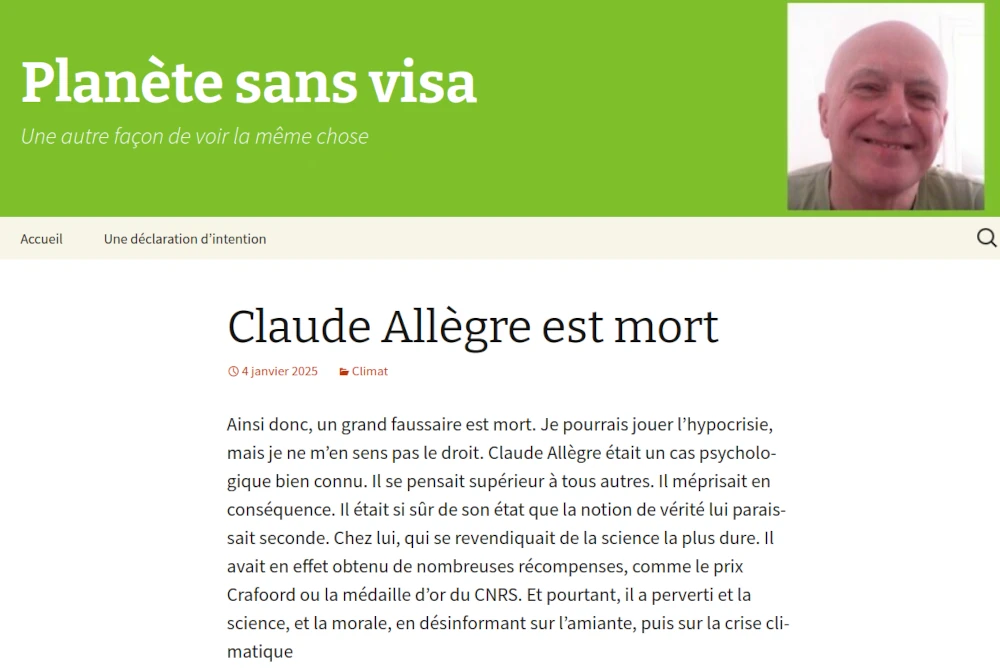 copie d'écran site Planète sans visa de Nicolino sur le climato négationnisme du socialiste Allègre