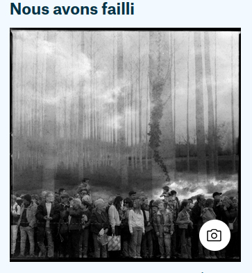 photo montage d'une foule en attente type quai de gare sur fond de troncs d'arbres bien droits forêt