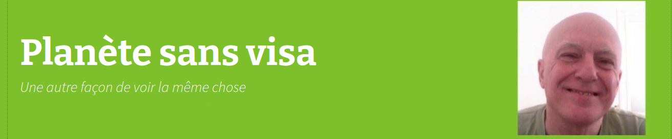 bandeau vert du site planète sans visa et photo de Fabrice Nicolino souriant