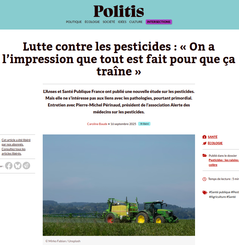 copie d'écran revue Politis tracteurs et rampe de traitement en action dans une parcelle