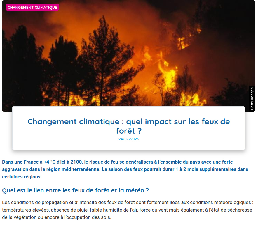 coipie d'écran du début de l'article MétéoFrance feux de forêts et changement climatique