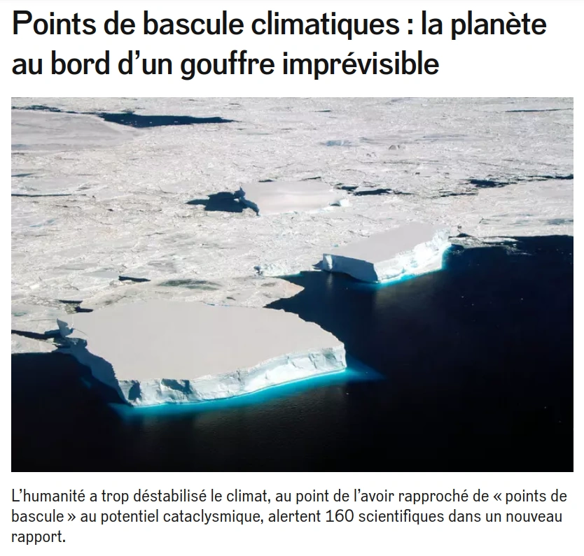 copie d'écran du site Reporterre, une photo de la banquise annonce le rapport de 160 scientifiques