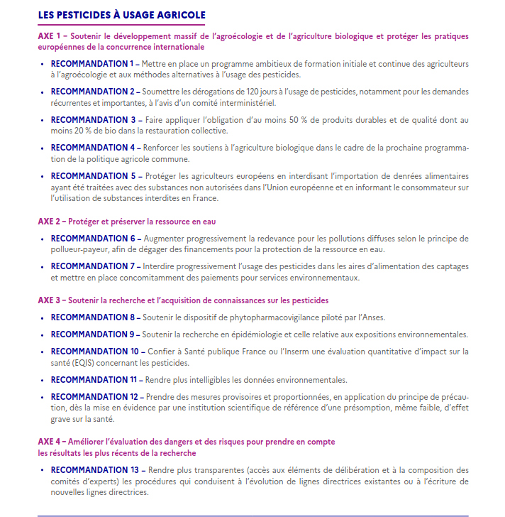 copie d'écran d'une partie des recommandations concernant les pesticides de synthèse en agriculture