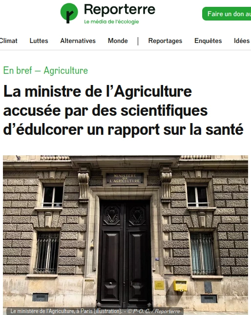 copie d'écran site reporterre la ministre de l'agriculture accusée par des scientifiques d'édulcorer un rapport sur la santé