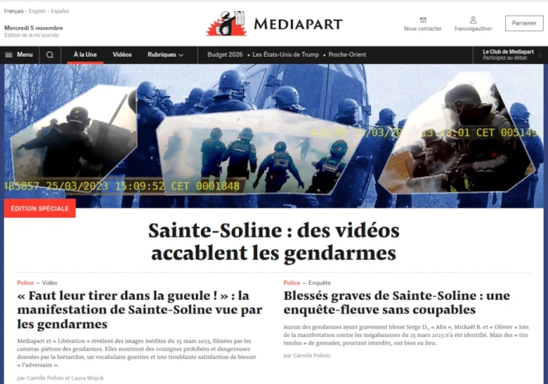 capture d'écran mediapart titrant sainte soline des vidéos accablent les gendarmes