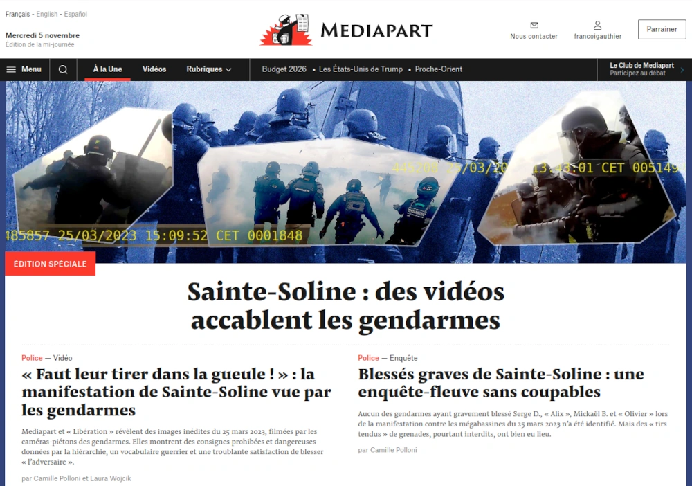 capture d'écran mediapart titrant sainte soline des vidéos accablent les gendarmes