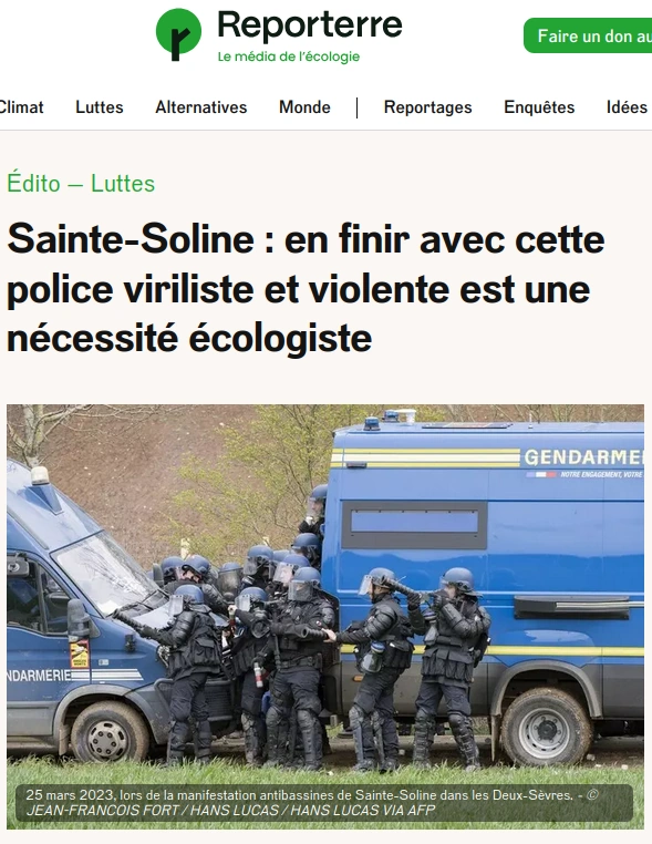 copie écran Reporterre "en finir avec cette police viriliste et violente est une nécessité écologique"