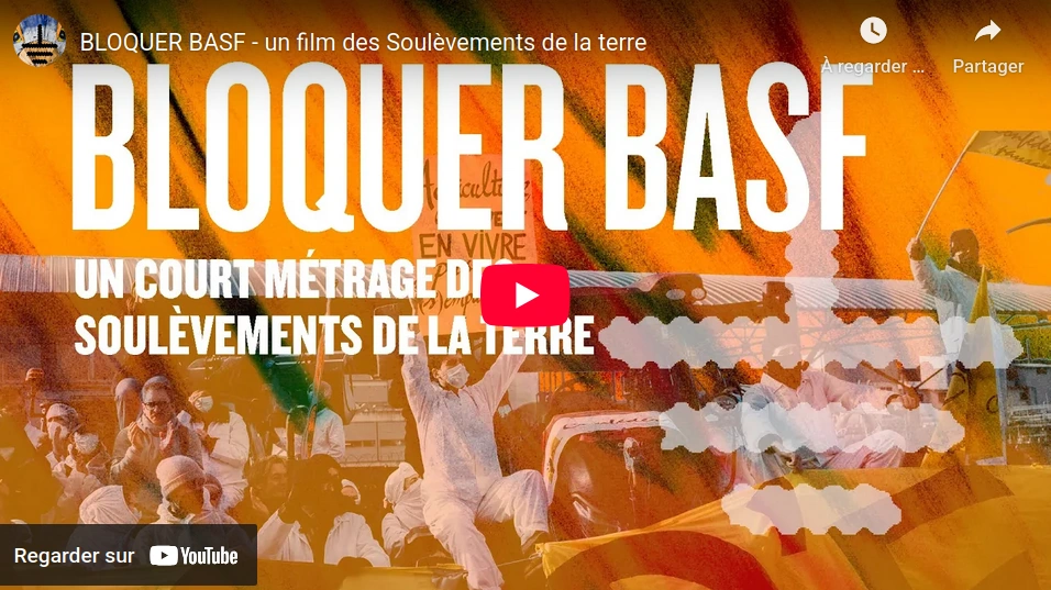 bloquer basf, page titre de la vidéo de l'action de blocage près de Rouen et découverte de pesticide chimique interdit en Europe