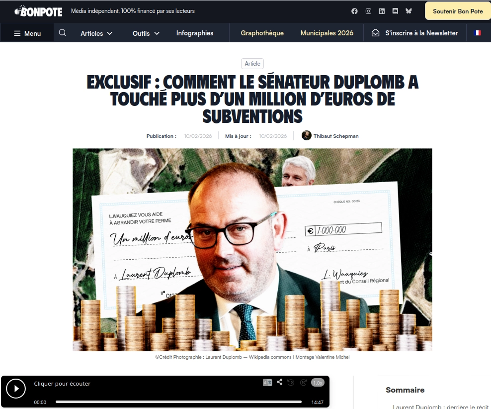 copie écran Bon Pote enquête Duplomb plus de 1 million de subventions