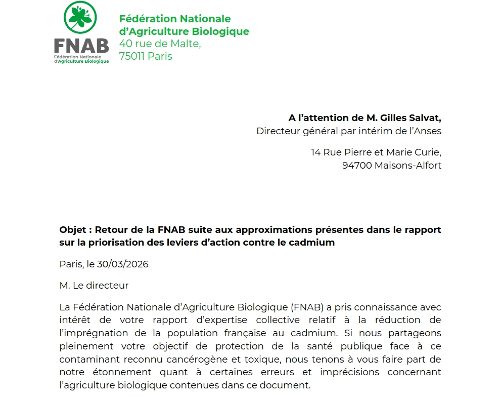 courrier de la FNAB à la direction de l'agence nationale de la sécurité sanitaire de l'alimentation de l'environnement et du travail