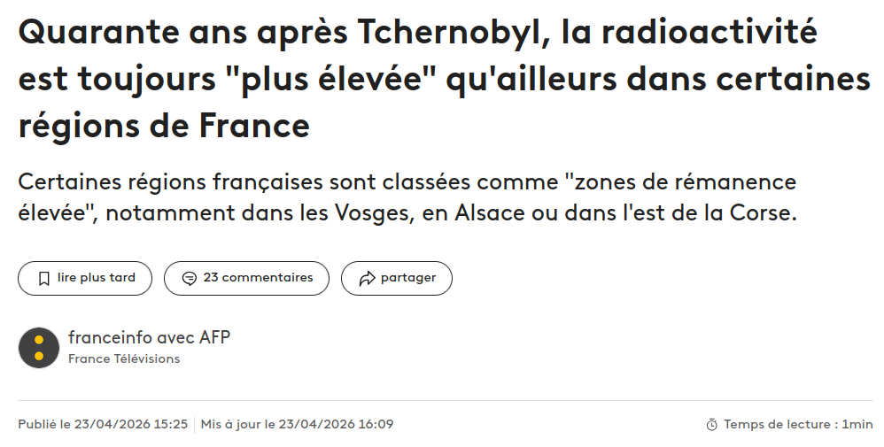 copie écran france info 40 ans après radioactivité toujours plus élevée qu'ailleurs dans certaines régions de France