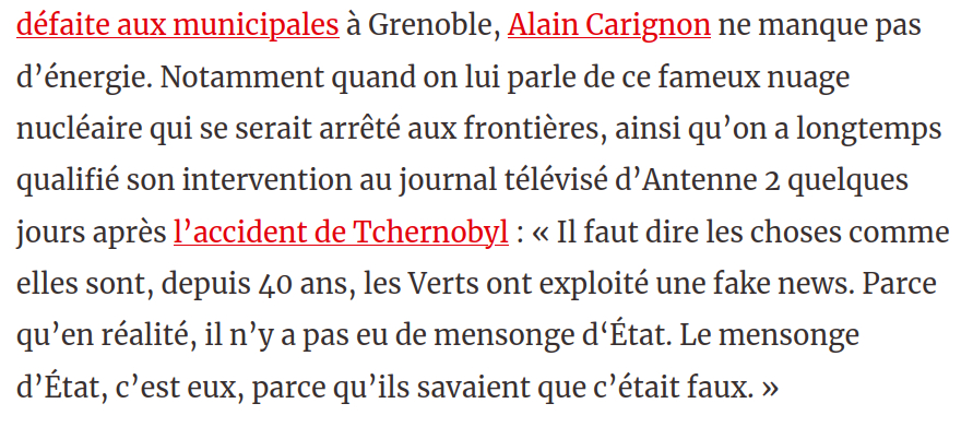 Carignon dans Dauphiné libéré de^puis 40 ans les verts ont exploité une fake news le mensonge d'état c'est eux
