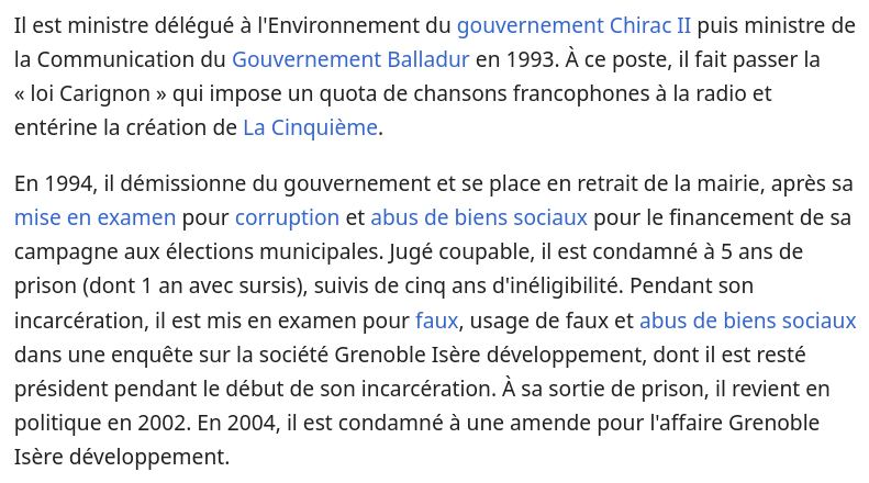 wikipedia Carignon ministre environnement Chirac pendant Tchernobyl condamnations à 5 ans dont 1 avec sursis puis 5 ans d'inégibilité pour corruption et abus de biens sociaux