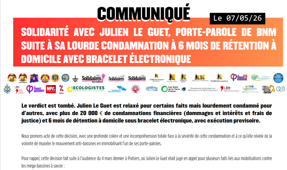 copie du communiqué de soutien, liste des associations, syndicats et partis solidaires, 
