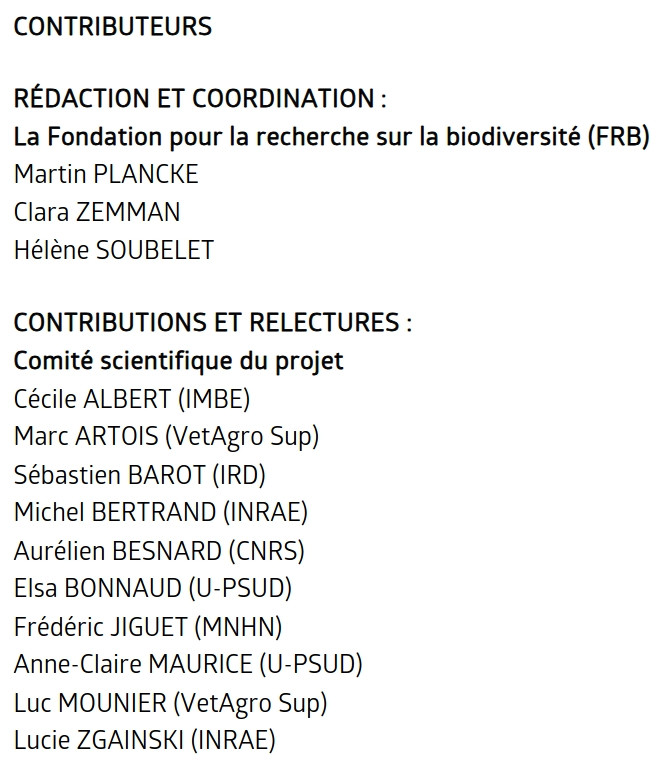 liste des experts contributeurs issus de INRAE, CNRS, vetagro sup, IMBE, IRD, muséum, etc... signataires du rapport