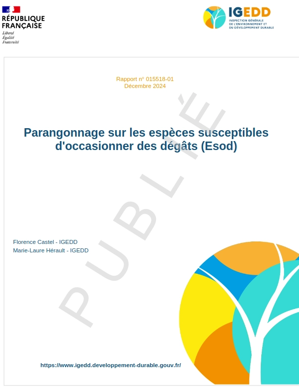 copie de couverture du rapport de parangonnage sur les espèces susceptibles d'occasionner des dégâts par l'inspection générale de l'administration de l'environnement