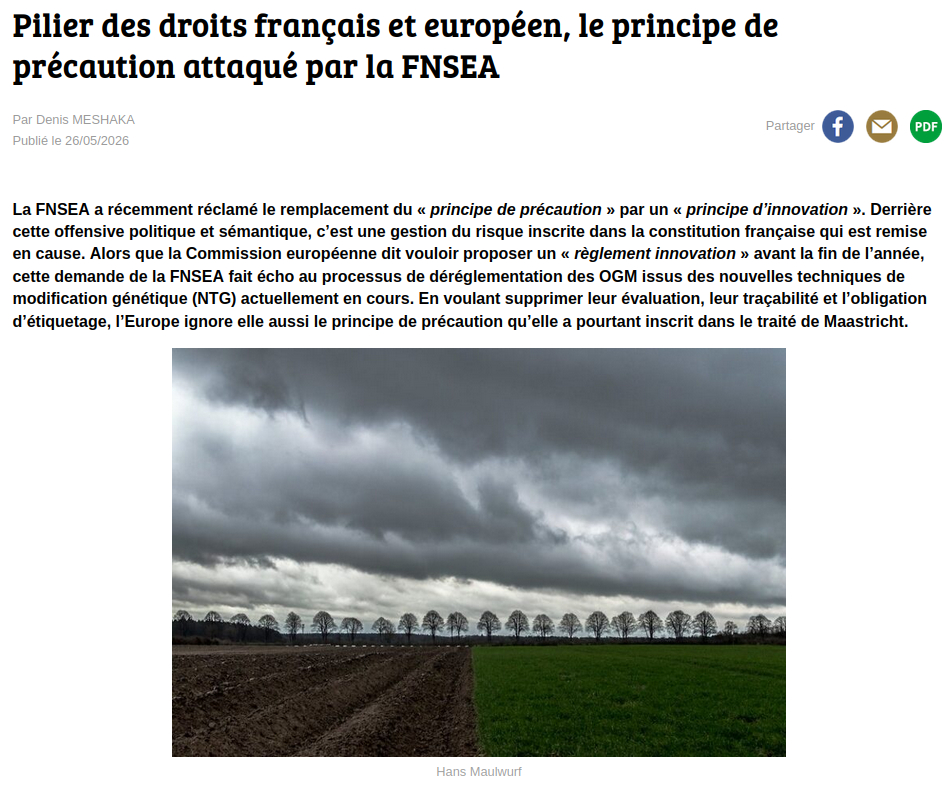 accroche de l'article pilier des droits français et européen, le principe de précaution attaqué par la FNSEA