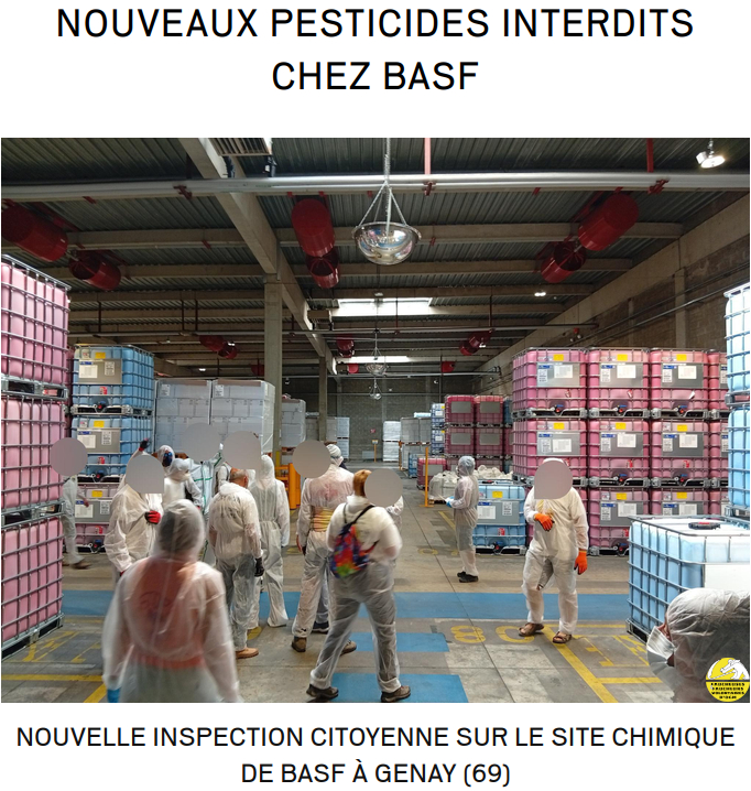photo de 30 faucheurs volontaires d'OGM inspectant les stocks de pesticides chimique s de synthèse chez BASF Genay (69)