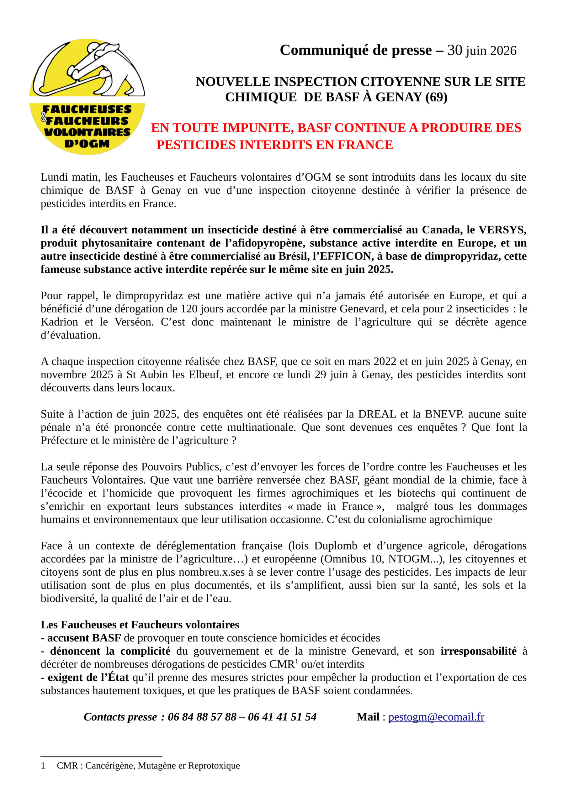 communiqué de presse après l'inspection des faucheuses et faucheurs volontaires d'OGM chez BASF Genay