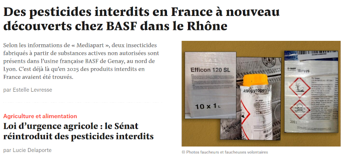 copie écran Une Mediapart pesticides interdits chez BASF / le sénat ré-introduits des pesticides interdits