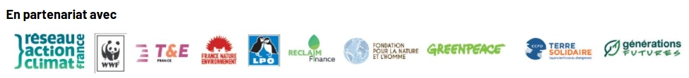 banière des logos de FNE, LPO, Générations Futures, Greenpeace, Réseau Action Climat, FNH, etc...