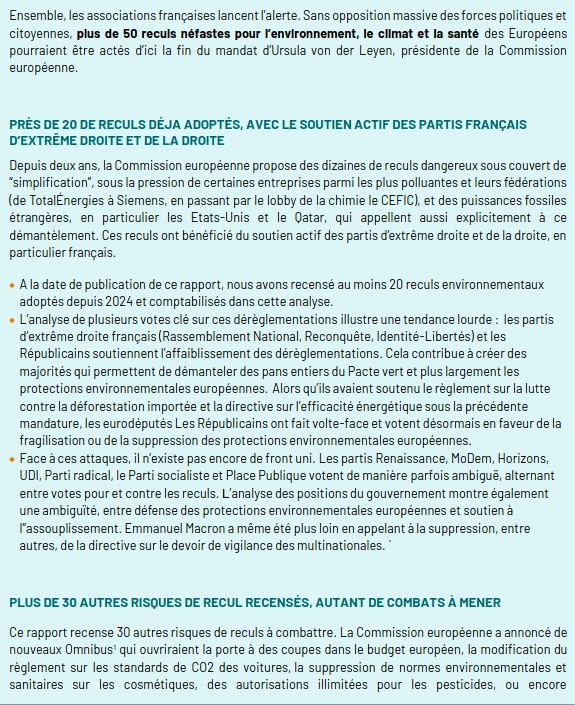 page d'introduction du rapport "dérèglementations sur l'environnement et la santé en Europe. Que fait la France&nbsp;?