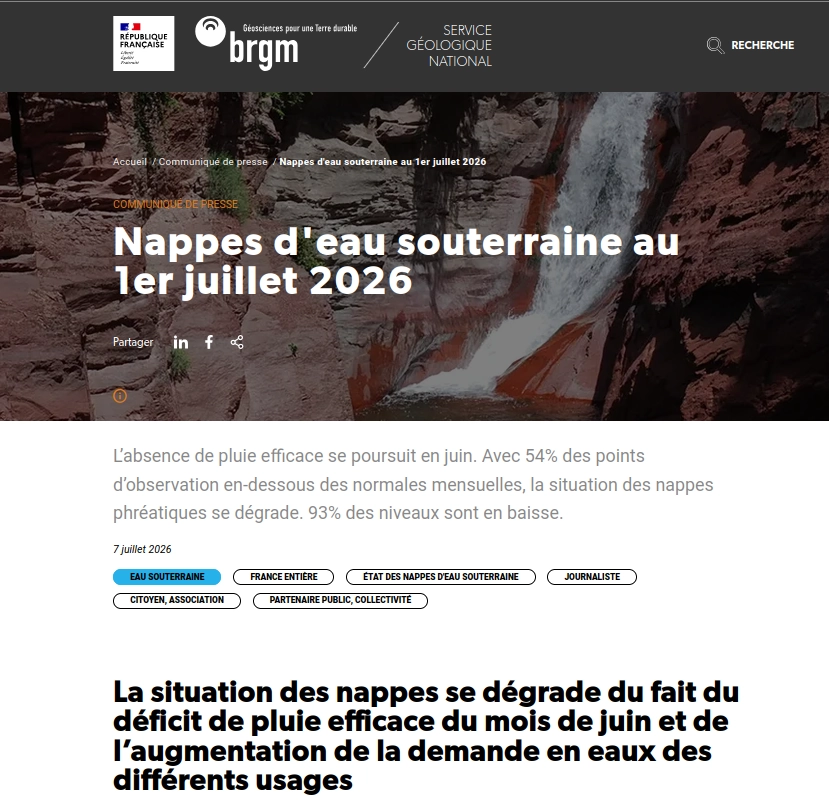 photo titre BRGM l'absence de pluie efficace se poursuit en juin, 53% des points des nappes sous les normales