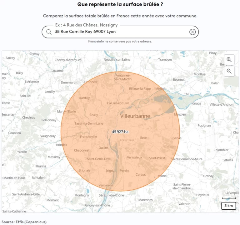 copie écran rond de 45927 ha d'incendies en France couvrant Lyon agglo et audelà de lointaine banlieue