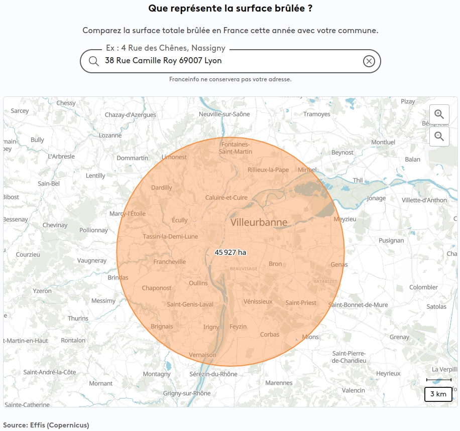 copie écran rond de 45927 ha d'incendies en France couvrant Lyon agglo et audelà de lointaine banlieue