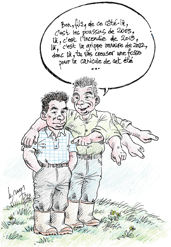 dessin Congar Robin des Bois le père liste les ltrous des fosses poussins, incendie, grippe aviaire, etc... pour que le fils creuse ailleurs celle de cette année
