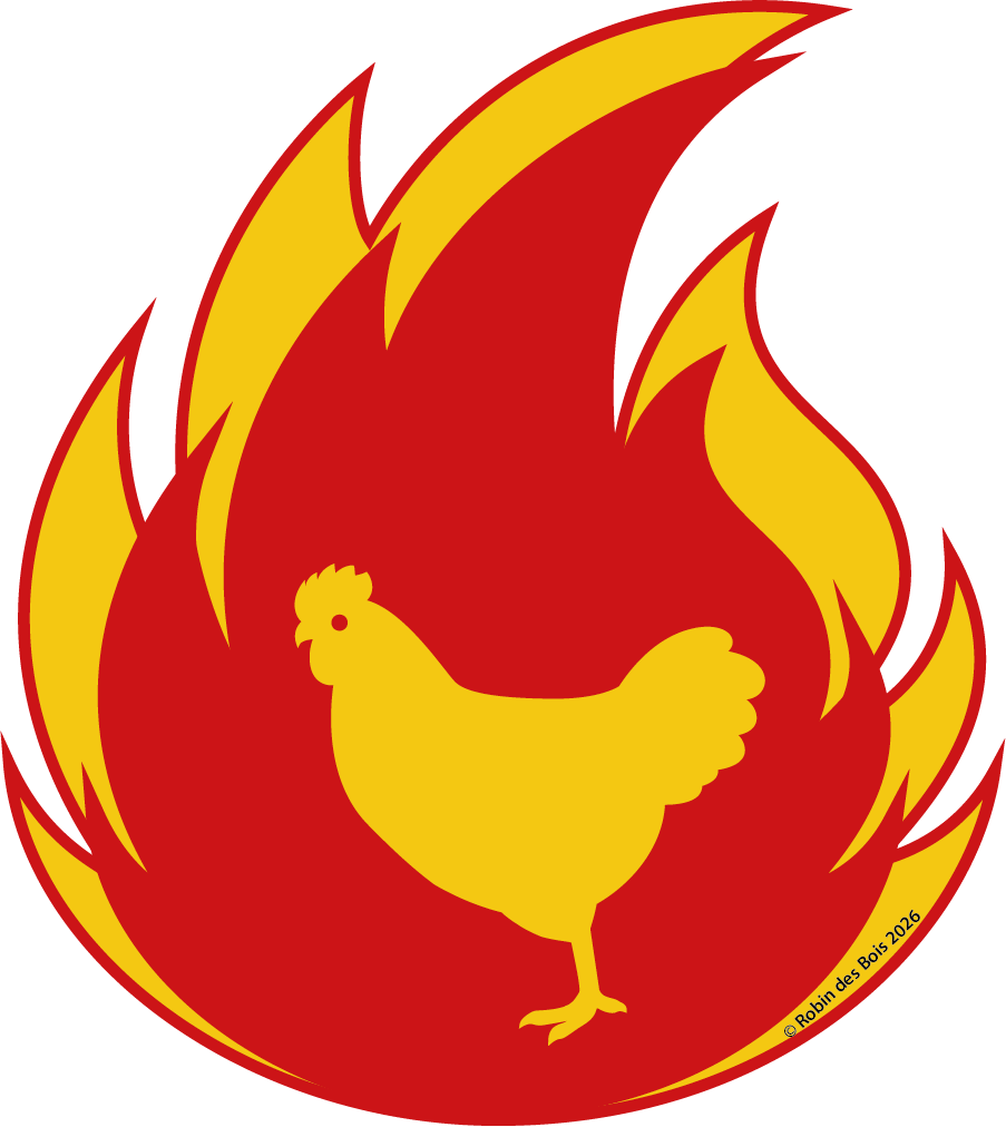 dessin Robin des Bois une flamme rouge et jaune englobant un poulet d'élevage industriel