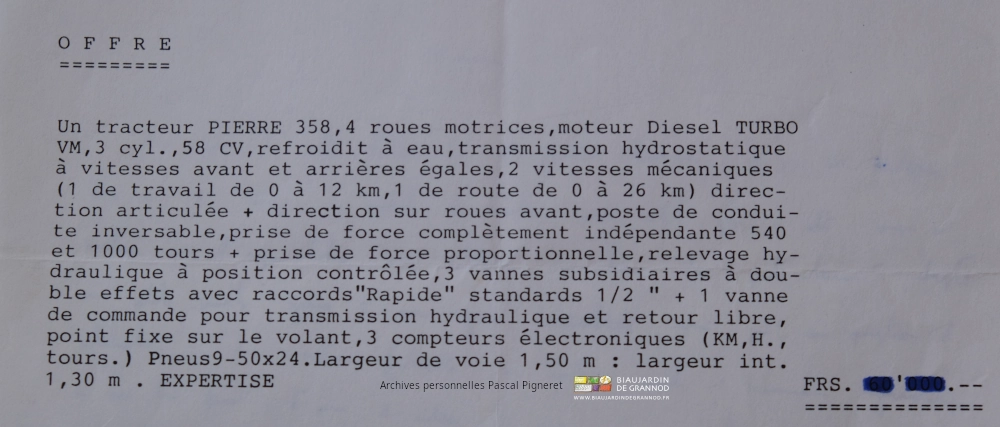 copie du descriptif et offre du fabricant, reçue la somme effacée