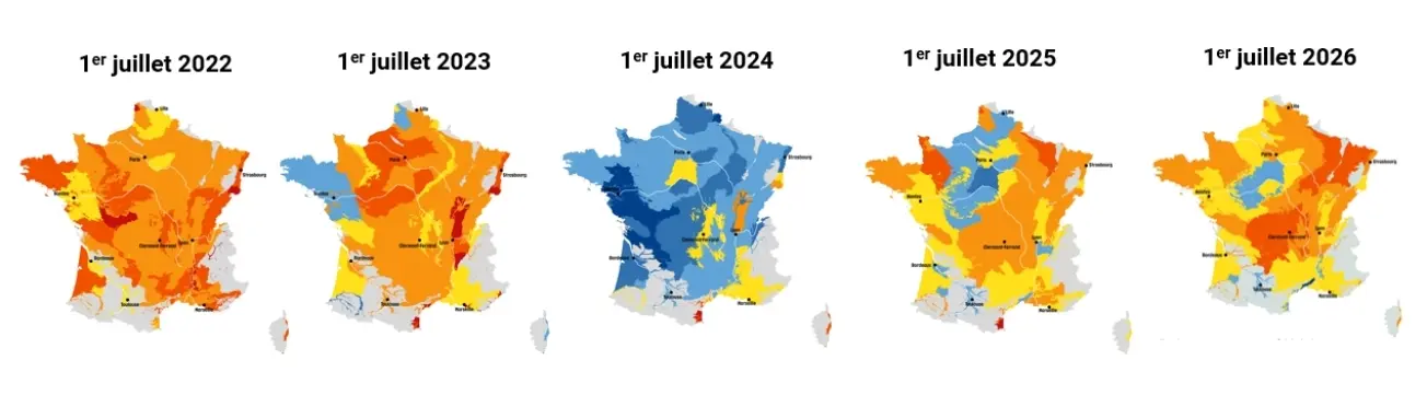 carte de France du niveau des nappes fin juin depuis 2022