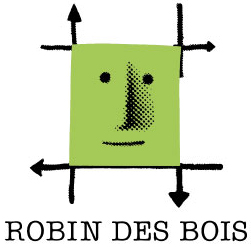 visage humain vert tendre entouré d'un carré de 4 flèches noires, logo de Robin des Bois