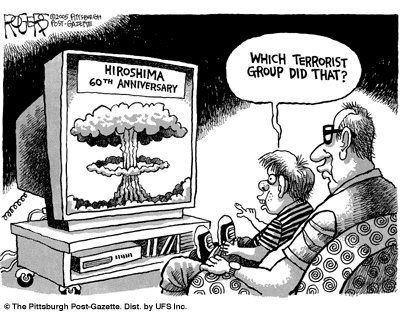 dessin humoristique enfant demande devant télé et champignon atomique "quel groupe terroriste a fait çà&nbsp;?"