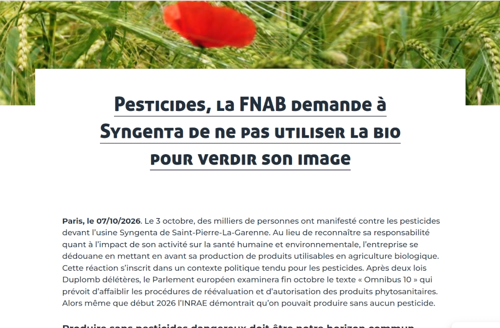 titre la fnab demande à syngenta de ne pas utiliser la bio pour verdir son image