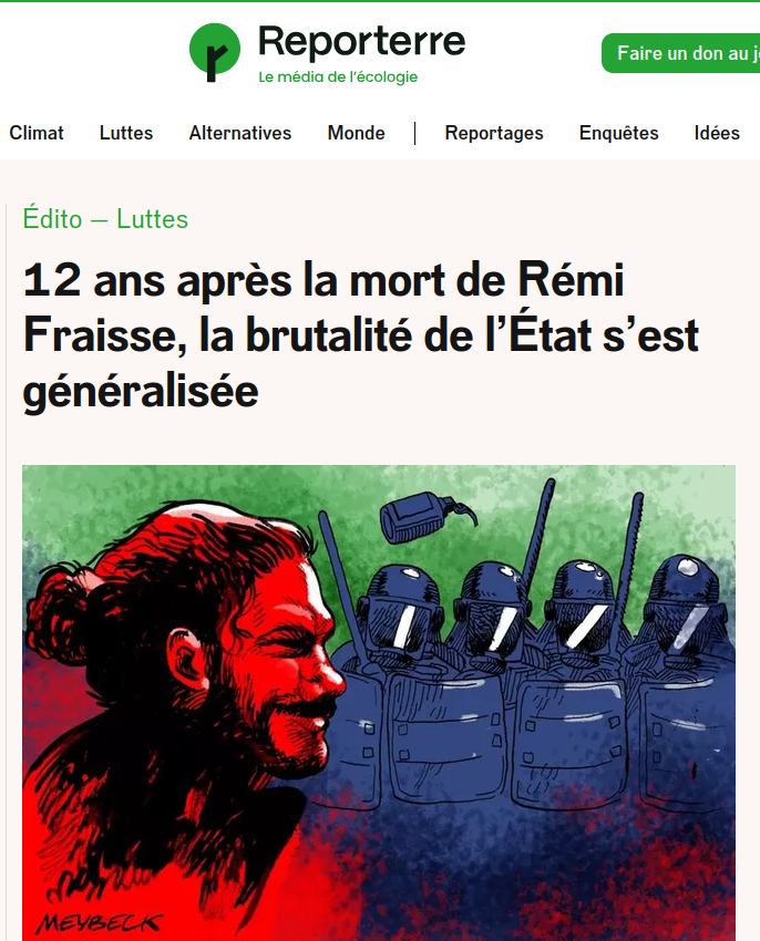 copie écran site Reporterre dessin Rémi Fraisse grenade dégoupillée sortant d'un groupe de gendarmes mobiles